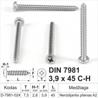 DIN 7981 3.9x45 CH Stainless steel A2 Self-tapping screws for metal with round head, self-tapping screw