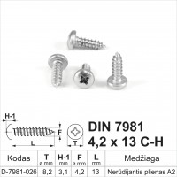 DIN 7981 4,2x13 C-H Nerūdijantis plienas A2 Savisriegiai metalui pusapvalia galvute, savisriegis (sraigtai)