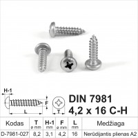 DIN 7981 4,2x16 C-H Nerūdijantis plienas A2 Savisriegiai metalui pusapvalia galvute, savisriegis (sraigtai)