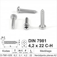 DIN 7981 4,2x22 C-H Nerūdijantis plienas A2 Savisriegiai metalui pusapvalia galvute, savisriegis (sraigtai)