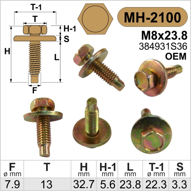 M8x23.8mm / 22.3 Varžtas su šešiakampe galvute ir poveržle geltonas cinkuotas, varžtai automobiliams tinka OEM 384931S36