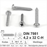 DIN 7981 4,2x32 C-H Nerūdijantis plienas A2 Savisriegiai metalui pusapvalia galvute, savisriegis (sraigtai)