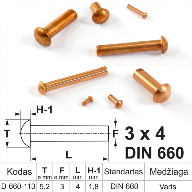 3x4 mm Sealed copper rivets, round head