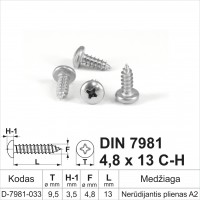 DIN 7981 4,8x13 C-H Nerūdijantis plienas A2 Savisriegiai metalui pusapvalia galvute, savisriegis (sraigtai)