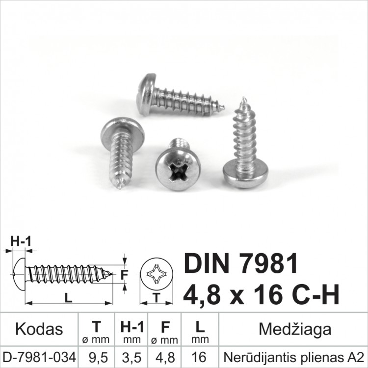 DIN 7981 4,8x16 C-H Nerūdijantis plienas A2 Savisriegiai metalui pusapvalia galvute, savisriegis (sraigtai)