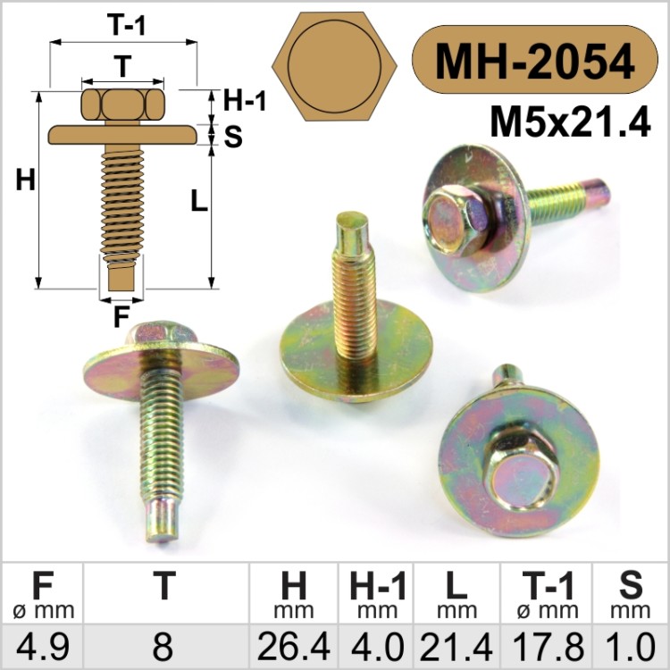 M5 x 21.4mm / 17.8 Varžtas su šešiakampe galvute ir poveržle geltonas cinkuotas, varžtai automobiliams