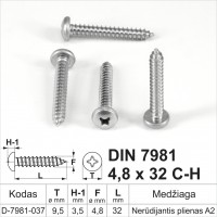DIN 7981 4,8x32 C-H Nerūdijantis plienas A2 Savisriegiai metalui pusapvalia galvute, savisriegis (sraigtai)