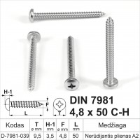 DIN 7981 4,8x50 CH Stainless steel A2 Self-tapping screws for metal with round head, self-tapping screw