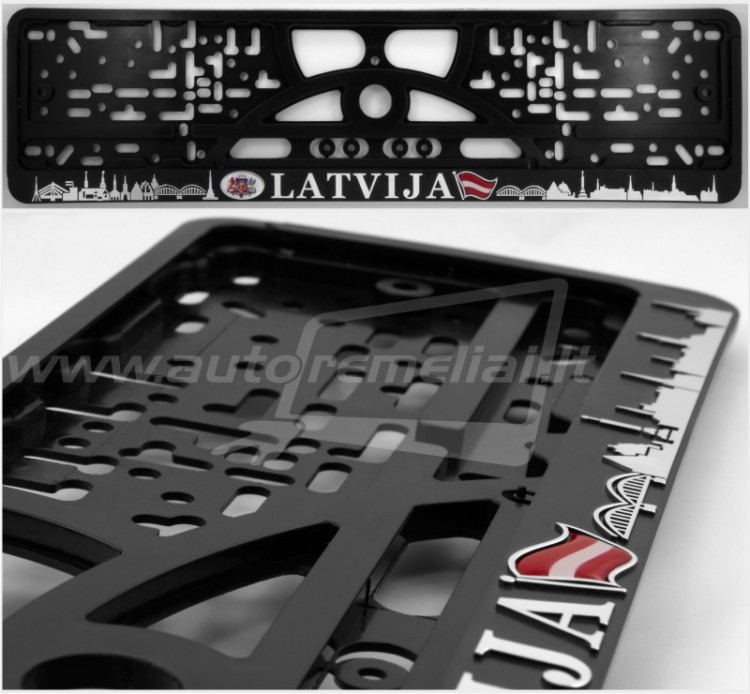 The frame of the number is embossed with the inscription &quot;Latvia&quot; and the coat of arms of Latvia, the flag
