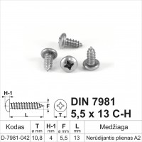 DIN 7981 5,5x13 C-H Nerūdijantis plienas A2 Savisriegiai metalui pusapvalia galvute, savisriegis (sraigtai)