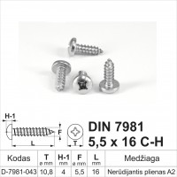 DIN 7981 5,5x16 C-H Nerūdijantis plienas A2 Savisriegiai metalui pusapvalia galvute, savisriegis (sraigtai)