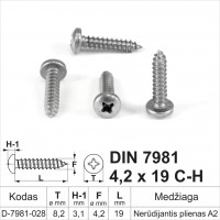 DIN 7981 4,2x19 C-H Nerūdijantis plienas A2 Savisriegiai metalui pusapvalia galvute, savisriegis (sraigtai)
