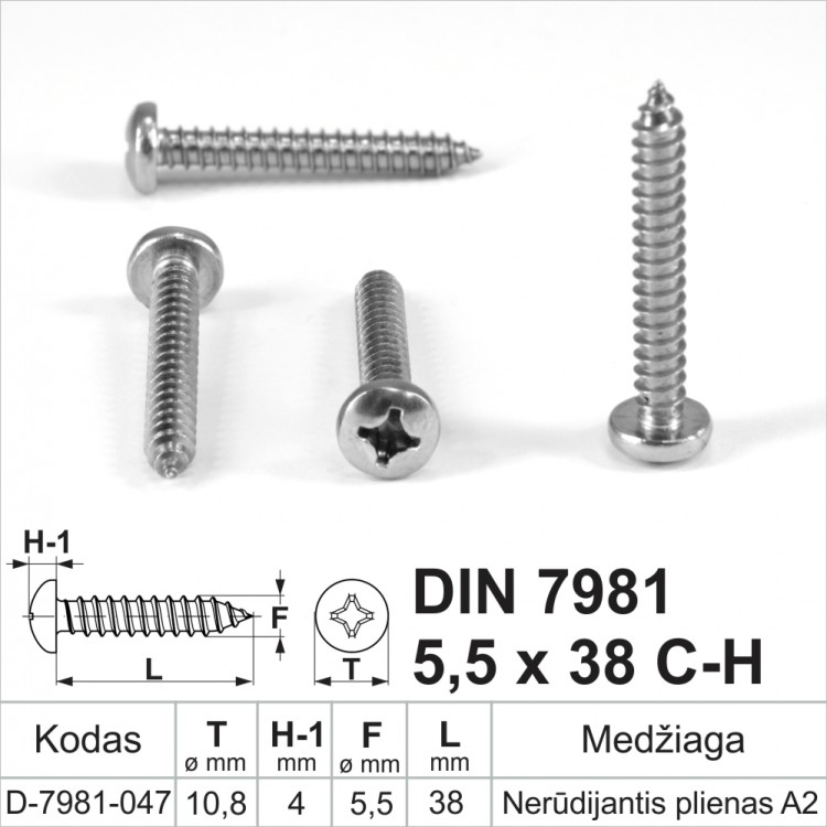 DIN 7981 5,5x38 CH Stainless steel A2 Self-tapping screws for metal with round head, self-tapping screw