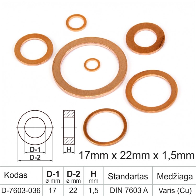 17mm x 22mm x 1.5mm Copper sealing washers flat DIN 7603 A copper ring, gasket