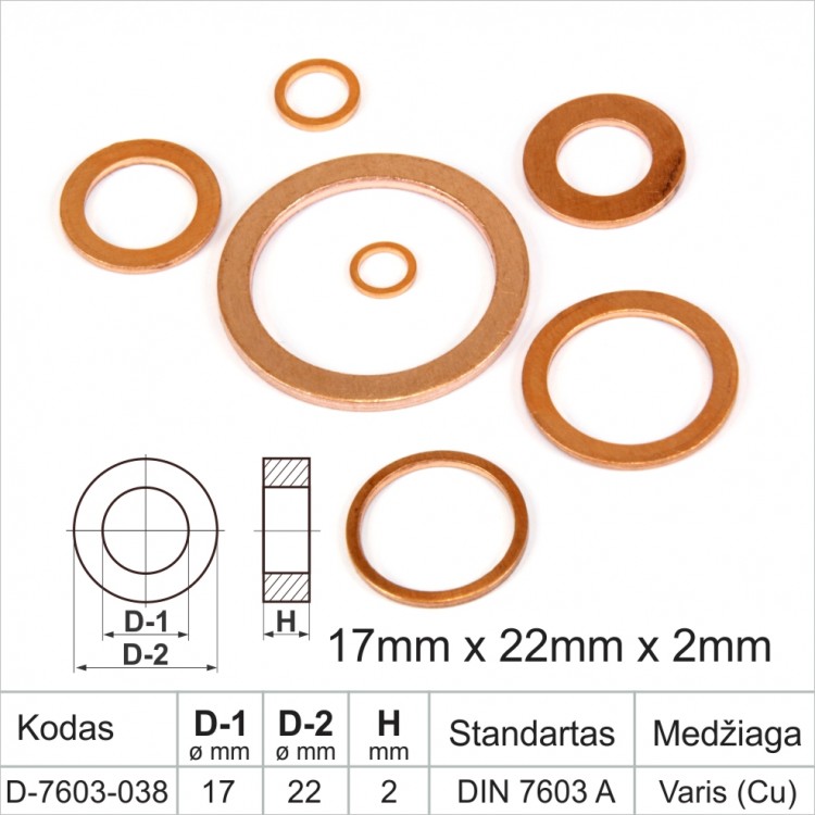 17mm x 22mm x 2mm Varinės sandarinimo poveržlės plokščios DIN 7603 A varinis žiedas, tarpinės (šaiba)