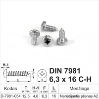 DIN 7981 6,3x16 C-H Nerūdijantis plienas A2 Savisriegiai metalui pusapvalia galvute, savisriegis (sraigtai)