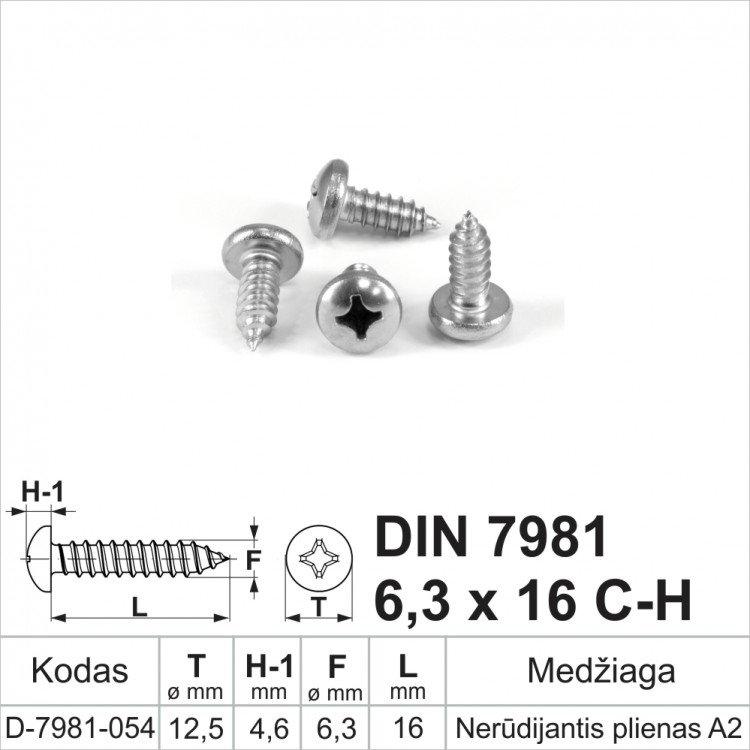 DIN 7981 6,3x16 CH Stainless steel A2 Self-tapping screws for metal with round head, self-tapping screw
