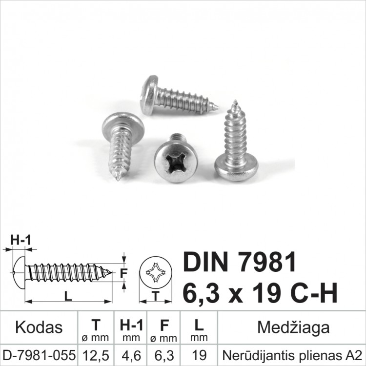 DIN 7981 6,3x19 C-H Nerūdijantis plienas A2 Savisriegiai metalui pusapvalia galvute, savisriegis (sraigtai)