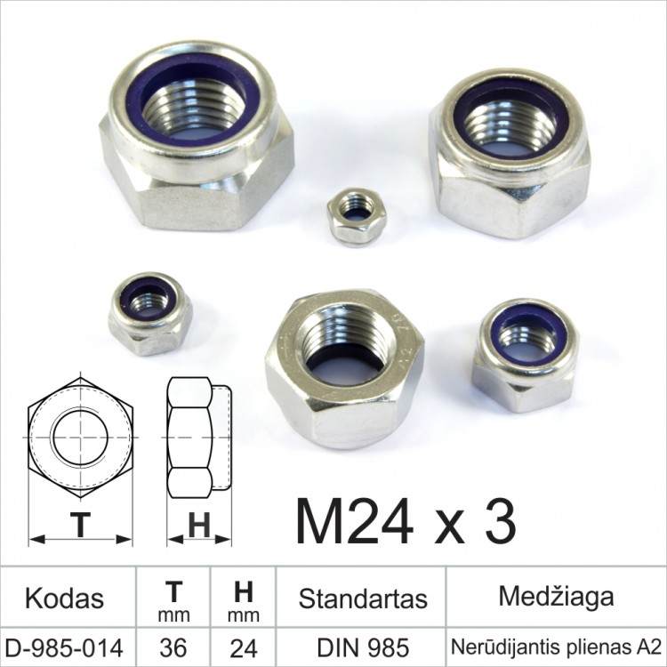 M24 x 3 Hexagon nuts with nylon DIN985 Stainless steel with A2 metric standard thread
