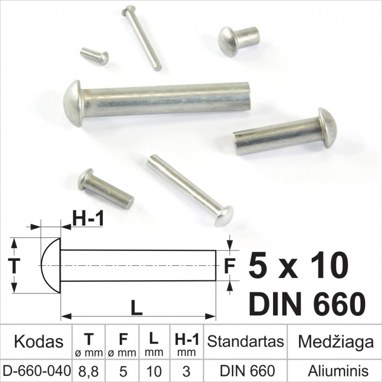 5x10 mm Užplakamos aliuminės kniedės, pusapvalia galvute