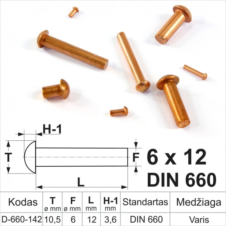 6x12 mm Sealed copper rivets, semicircular head