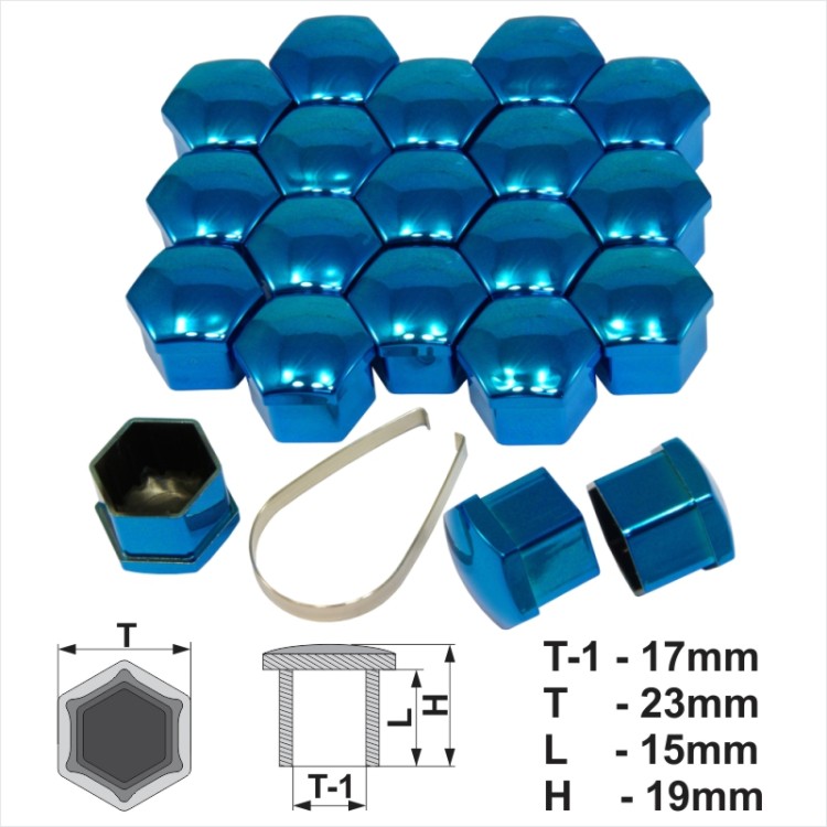 17 x 19 mm Mėlynos metalo spalvos apsauginiai ratų varžtų dangteliai mėlyni su raktu 20vnt.