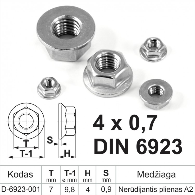 M4 x 0,7 Šešiabriaunė veržlė su praplatintu pagrindu DIN6923 Nerūdijantis plienas A2 metriniu standartiniu sriegiu