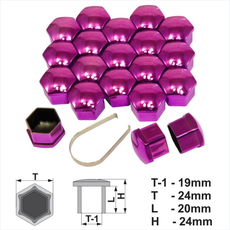 19 x 24 mm Purpurinės violetinės metalo spalvos apsauginiai ratų varžtų dangteliai su raktu 20vnt.