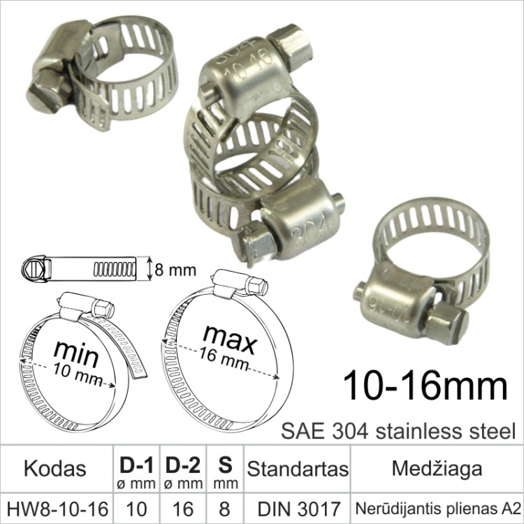 Sąvarža 10-16 mm, plotis 8 mm, nerūdijantis plienas A2, 304 SS