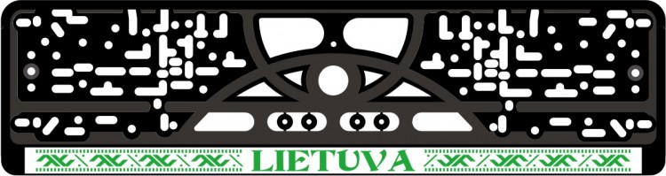 Valstybinio numerio rėmelis Lietuva šilkografinis užrašas baltos ir žalios spalvos su tautiniais raštais, tautine juosta