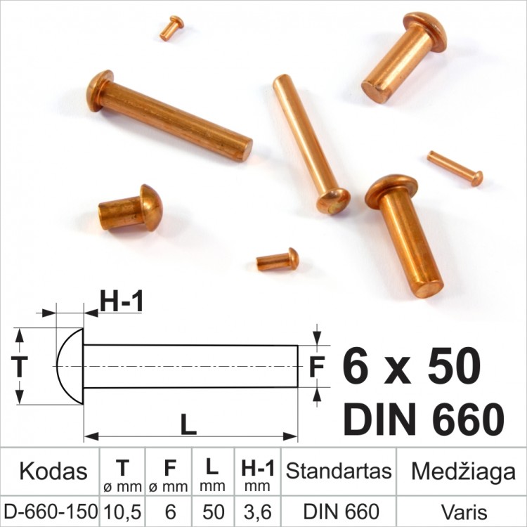 6x50 mm Užplakamos varinės kniedės, pusapvalia galvute