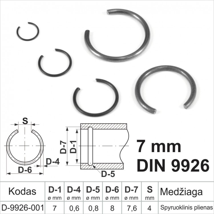 7 mm Fiksacinis žiedas vidinis, fiksavimo žiedai kiaurymėms spyruoklinis plienas